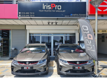 Sirim certified car window film UV+420 Optical Solar Film installation in Penang by Irispro. Two cars with sleek, dark window tint